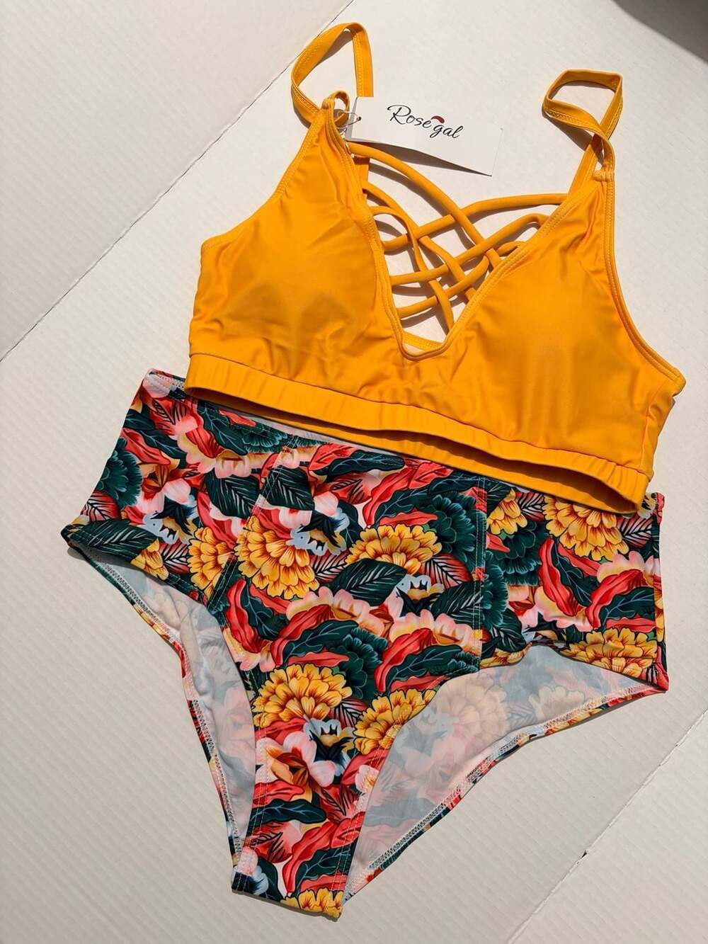 Rosegal Yellow Lattice Front Bikini Top Floral High Waisted Bottom Size L